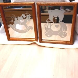 Vtg. Wood-framed & Mirrored White Etched Glass Teddy Bear/Rocking Horse Artwork